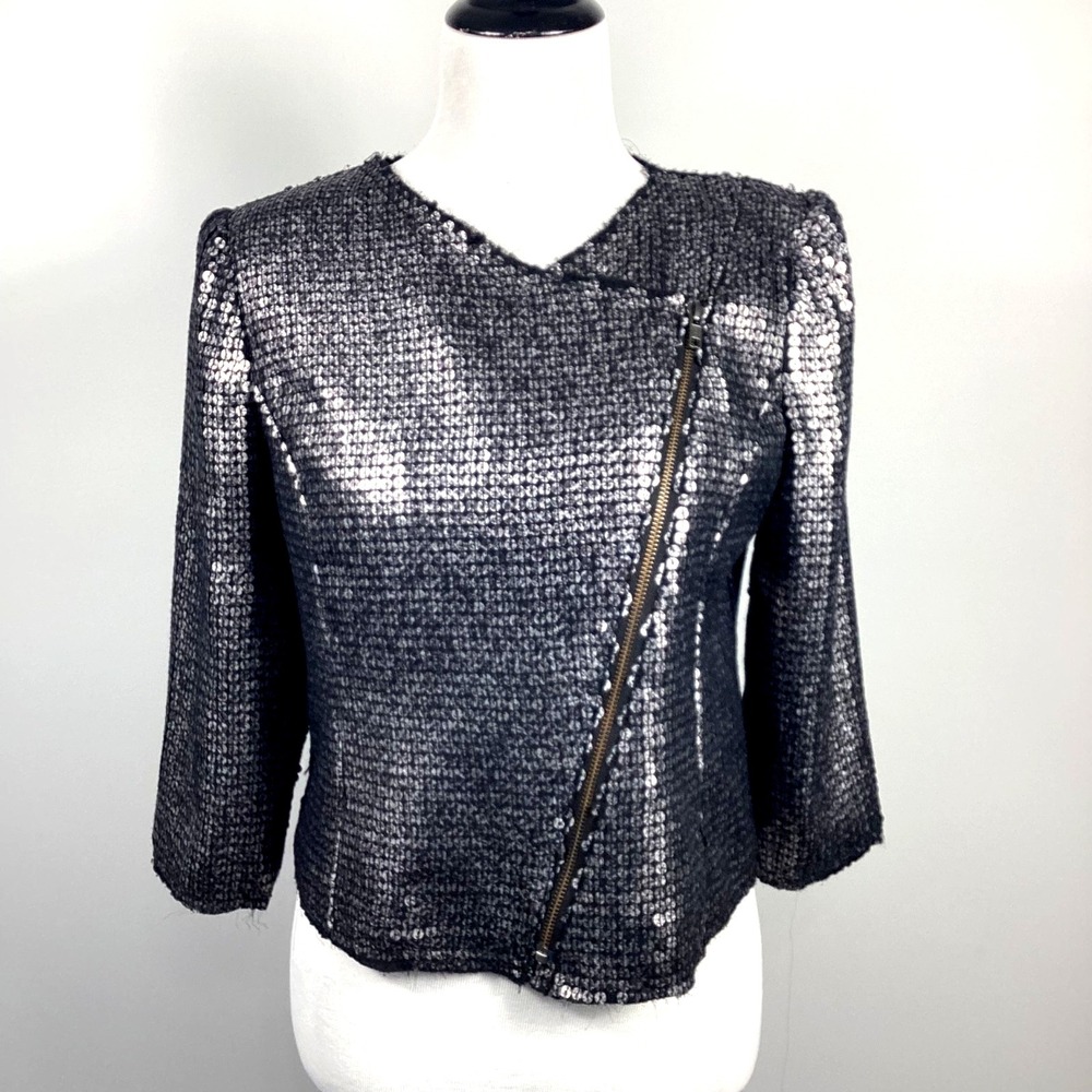 Express Women's Silver Black Sequin Moto Jacket 3/4‎ Sleeve Sz Small Formal Goth
